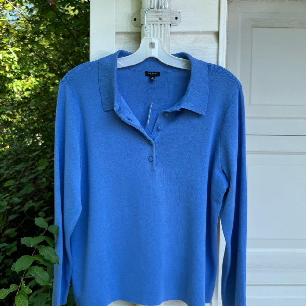 NWT Talbots Pretty Blue Collared Polo Style Long Sleeve Sweater